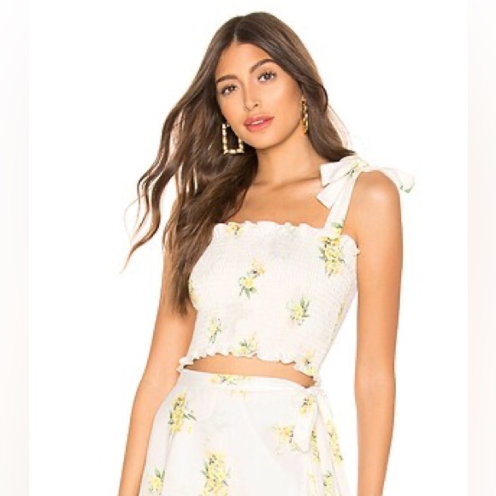SHOW ME YOUR MUMU Antoinette Smocked Cropped Top Sunny Side Floral White Size XS